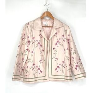 Nebiani Womens Jacket L Open Front Pink 100% Silk Floral Embroidered Blazer